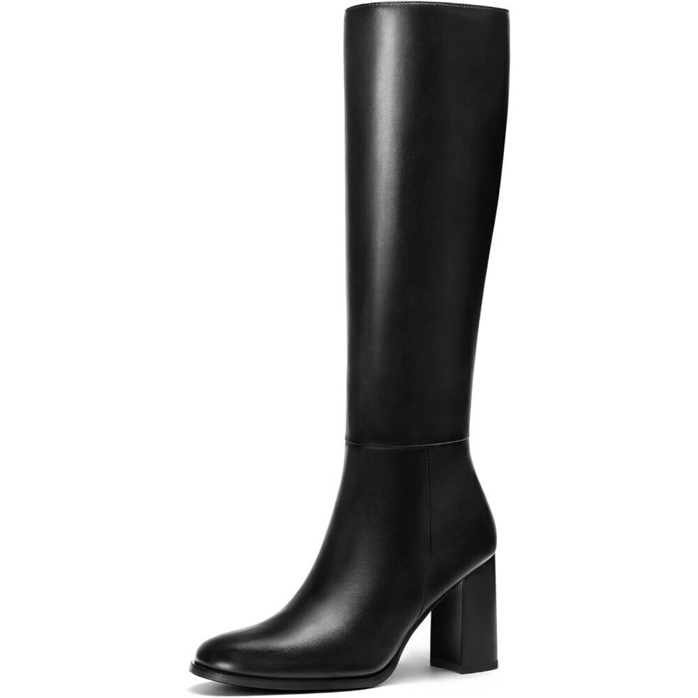 Women's Black Knee High Boots Round Toe Side Zip Chunky Heel Boots Rubber